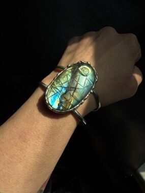 Labradorite Statement Cuff Bracelet - elemental symbols pentacle pentagram